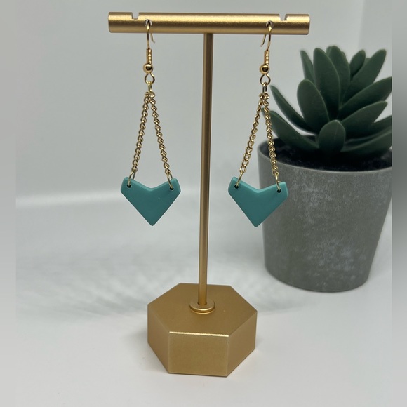 Handmade Jewelry - Teal chevron polymer clay earrings with gold chain
